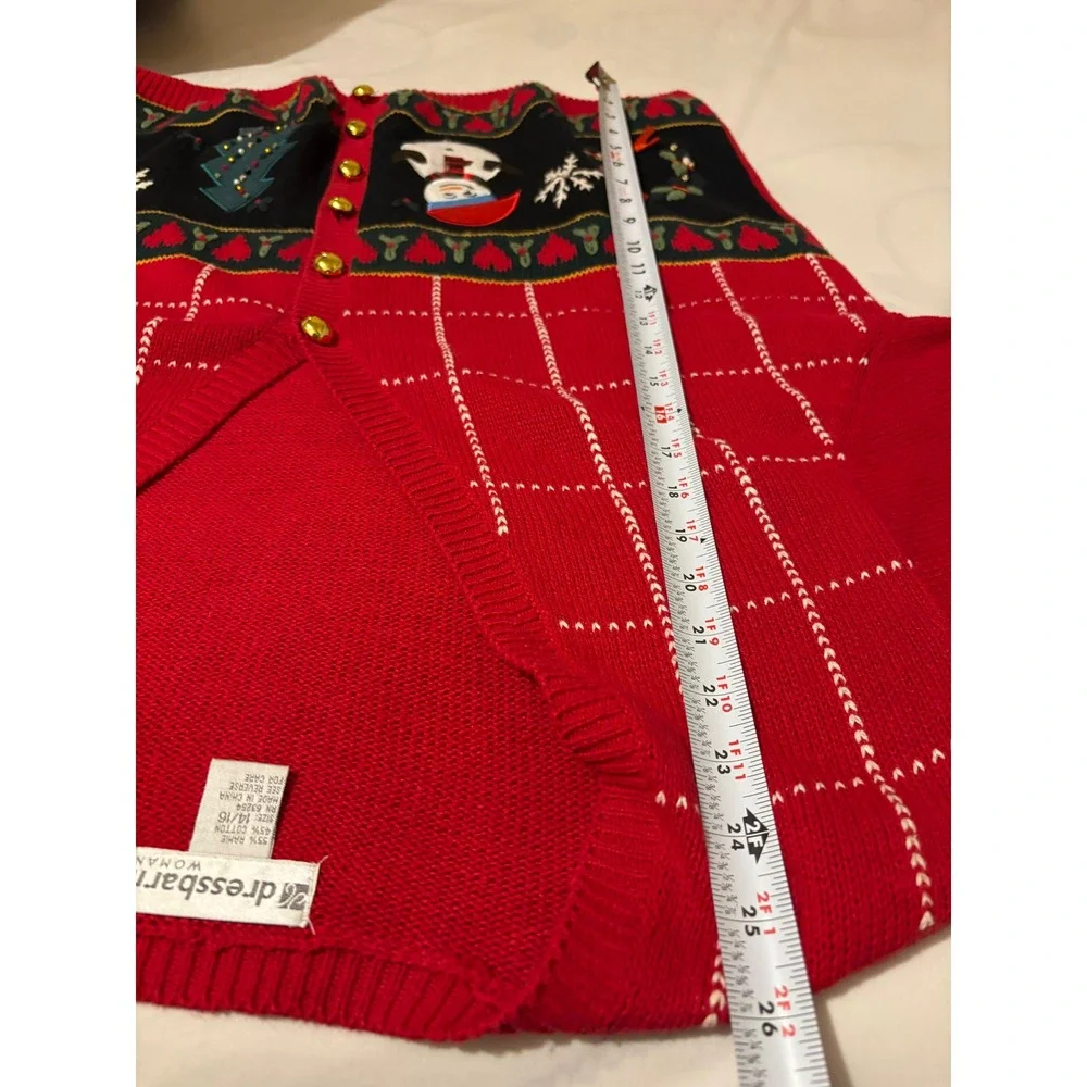 Vintage Cottagecore Red Christmas Snowman Tree Sweater‎ Women 14/16 Cardigan